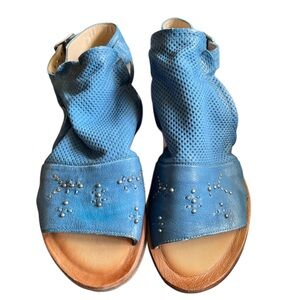 Miz Mooz Figi Wide Denim Blue Leather Ankle Strap Sandals